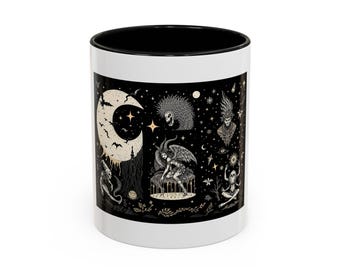 Dark Academia Tarot Mug, Hand-Drawn Whimsical Illustration Style, 11oz White Coffee Cup