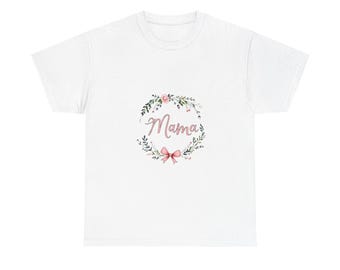 A whimsical, hand-drawn 'Mama' typography design surrounded by a delicate wreath - Unisex T-Shirt - Unique Design Gift