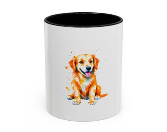 Playful Golden Retriever Watercolor Mug, Expressive Dog Art (11oz White)