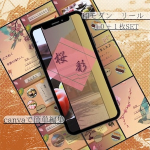 以下が含まれることがあります： スマートフォンには、日本語のテキストとイラストがデザインされています。「桜」と「canva」の文字が含まれています。背景には、食べ物や花の要素を含む画像のコラージュがあります。