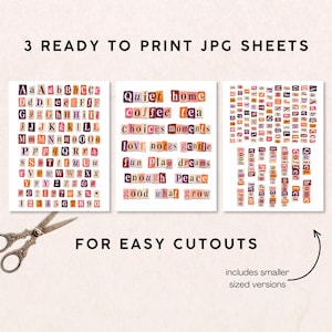 Three ready-to-print JPG sheets with cut-out designs. One sheet features the alphabet and numbers in a collage style. The other two sheets have words and phrases like "Quiet home" and "Love notes". Scissors are included.