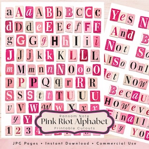 May include: A collection of pink and white printable alphabet letters and numbers, cut from a ransom note style font. The letters are arranged on a white background. The words "Pink Riot Alphabet" are in a decorative frame.