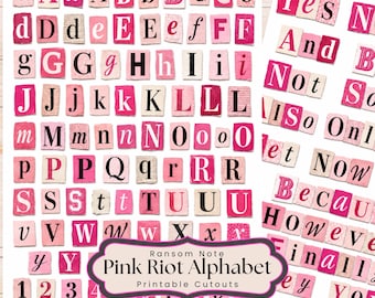 May include: A collection of printable cutouts featuring a pink ransom note alphabet and numbers. Each character is displayed on a small, textured square with varying shades of pink and white. The text reads Ransom Note Pink Riot Alphabet.