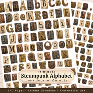 Puede incluir: Una colección de letras del alfabeto y signos de puntuación imprimibles con una estética metálica e industrial con detalles de engranajes y remaches. La hoja incluye mayúsculas, minúsculas, símbolos y el texto Printable Steampunk Alphabet.