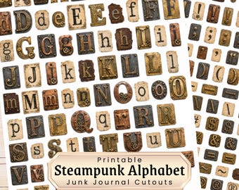 May include: A collection of printable alphabet letters and punctuation marks featuring a metallic, industrial aesthetic with gear and rivet details. The sheet includes uppercase and lowercase letters, symbols, and the text Printable Steampunk Alphabet.