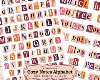 May include: A printable sheet of alphabet letters and words featuring torn paper edges in shades of red, orange, pink, and purple. The text includes individual letters, the words Quiet, coffee, choices, notes, play, dream, and Peace, and the title Cozy Notes Alphabet.
