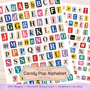 May include: Printable "Candy Pop Alphabet Cutouts" featuring colorful letters and punctuation marks cut from paper. The letters are in various fonts and colors, perfect for crafting and scrapbooking projects.