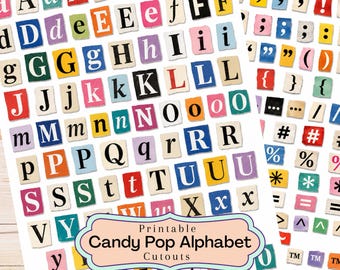 May include: A collection of printable alphabet letters and punctuation marks in a ransom note style. Each character is set against a small, rectangular, torn-paper background in various colors including red, blue, yellow, green, and pink.