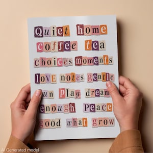 A white paper with cut-out words in various colours, including "Quiet home", "Coffee tea", and "Choices moments". The paper is held by two hands against a neutral background. The words are in a ransom note style.