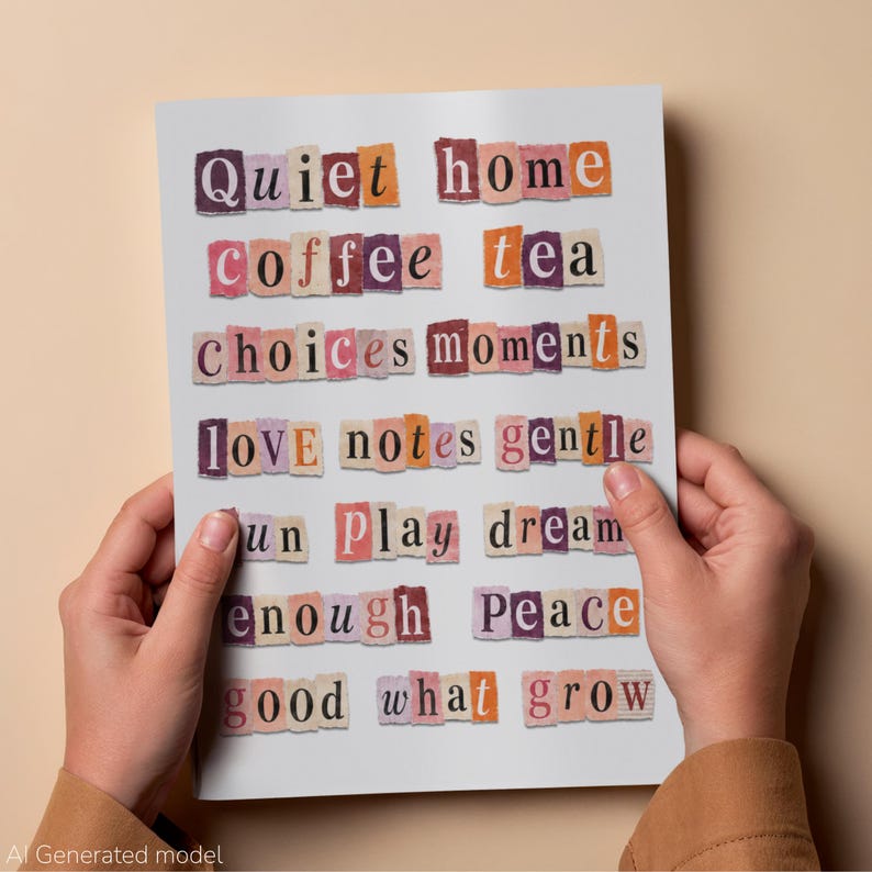 A white paper with cut-out words in various colours, including "Quiet home", "Coffee tea", and "Choices moments". The paper is held by two hands against a neutral background. The words are in a ransom note style.