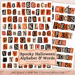 May include: A digital sheet of printable cutouts featuring an alphabet and numbers in orange and black. Each character is presented on a torn paper background with various Halloween-themed patterns like spiderwebs and bats. Text includes Spooky Halloween Alphabet & Words.