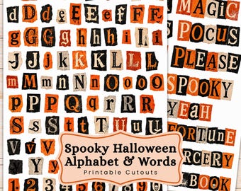 May include: A digital sheet of printable cutouts featuring the alphabet in uppercase and lowercase letters, numbers zero through nine, and words like MAGIC POCUS PLEASE SPOOKY YEAH FORTUNE SORCERY BOOK, all in orange, black, and cream with Halloween motifs.