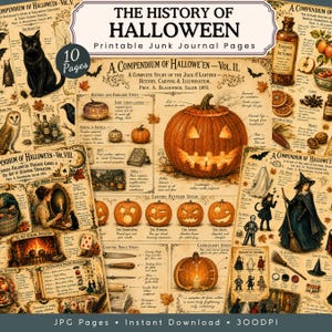 The History of Halloween, Victorian Junk Journal Pages, Printable Vintage Compendium featuring Pumpkin Anatomy and Costume History