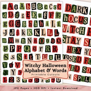 May include: A collection of printable cutouts featuring a Halloween-themed alphabet and words. Each letter and number is presented on a torn-paper style background in shades of red, green, and black, decorated with spiderwebs, bats, and candles.