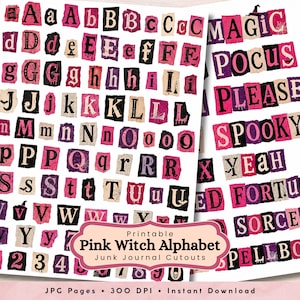 May include: A printable alphabet sheet featuring letters and numbers in pink, black, and purple with torn paper edges. The design includes spiderwebs, bats, and dripping effects. Text on the sheet reads: Printable Pink Witch Alphabet Junk Journal Cutouts.
