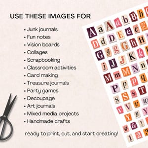 A sheet of alphabet letters cut from magazines and newspapers, ready to print and use. The image also includes a list of craft projects such as junk journals, collages, and scrapbooking. A pair of scissors is in the image.