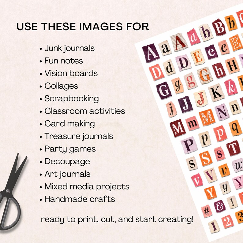 A sheet of alphabet letters cut from magazines and newspapers, ready to print and use. The image also includes a list of craft projects such as junk journals, collages, and scrapbooking. A pair of scissors is in the image.