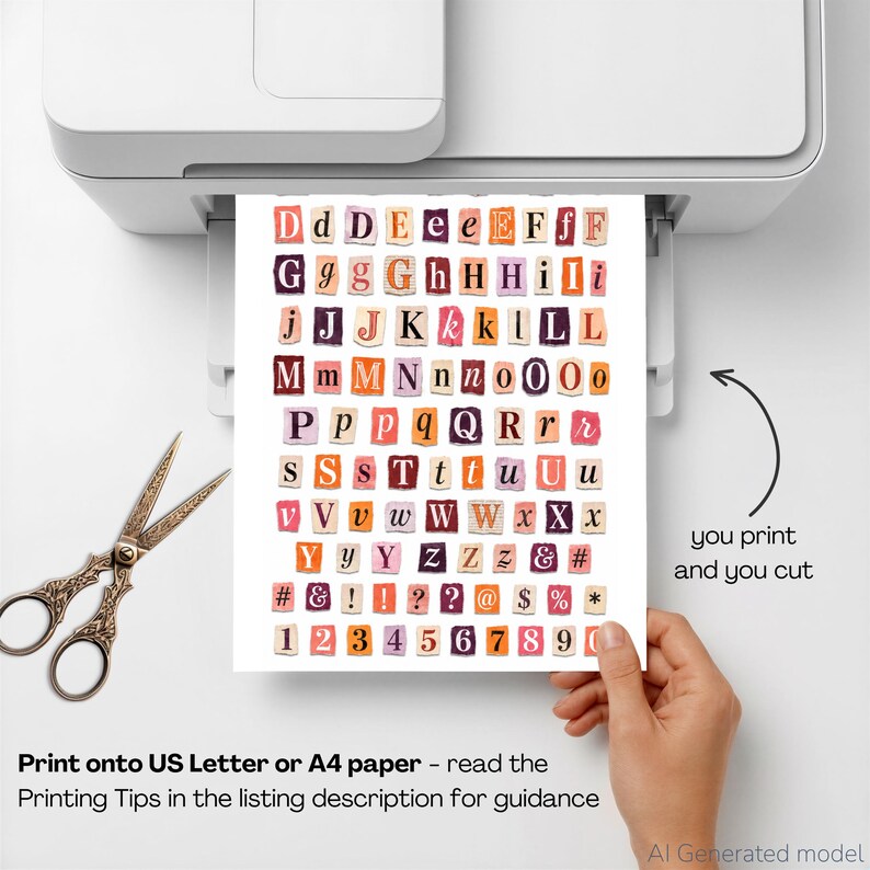 A printed sheet with colourful cut-out letters, numbers, and symbols is held near a printer. The text on the sheet includes the alphabet and numbers. A pair of decorative scissors is on the left. Text reads "you print and you cut."