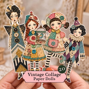 May include: Four illustrated paper dolls featuring intricate patterns, buttons, and varied outfits. The dolls are displayed with a label that reads 20 Vintage Collage Paper Dolls. Each figure has distinct facial features, hairstyles, and clothing designs.