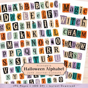 Pode incluir: Uma folha digital de recortes imprimíveis do alfabeto de Halloween para junk journals, com letras e números em fundos de papel rasgado nas cores laranja, roxo, azul-petróleo e preto. Texto incluído: Printable Halloween Alphabet Junk Journal Cutouts.
