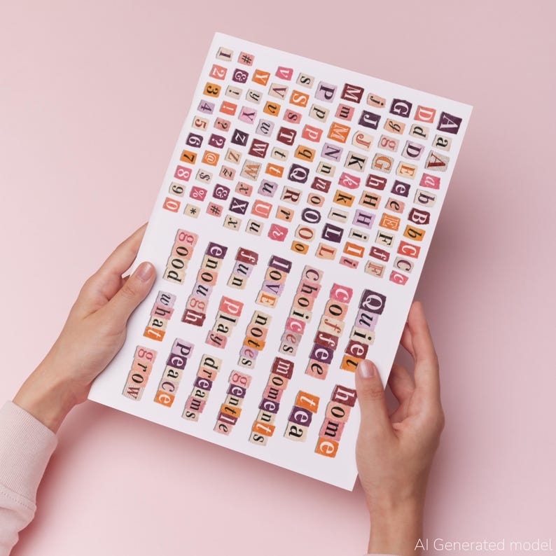 A paper sheet held by hands, with cut-out letters, numbers, and symbols in various colours. Words such as "love", "coffee", and "home" are visible. The background is a soft pink.