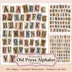 May include: A collection of printable old press alphabet cutouts. The letters are in a vintage style, with a mix of uppercase and lowercase letters, numbers, and punctuation marks. The letters are printed on small, rectangular cards with a distressed paper effect.