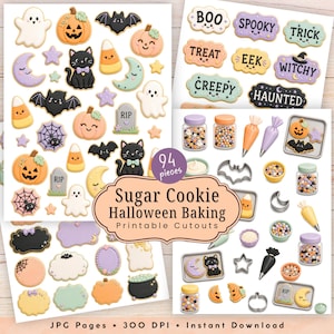 Op de afbeelding: Een verzameling van 94 printbare Halloween-suikerkoekjes-uitknipsels met geesten, pompoenen, zwarte katten, vleermuizen, candy corn, grafstenen en manen, inclusief potjes met strooisel, spuitzakken en koekjesvormpjes.
