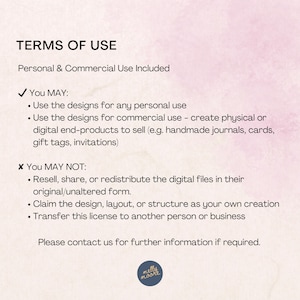 May include: A digital document titled TERMS OF USE on a light pink background. It outlines permissions for personal and commercial use, including creating physical or digital products, and restrictions against reselling, sharing, or redistributing files.