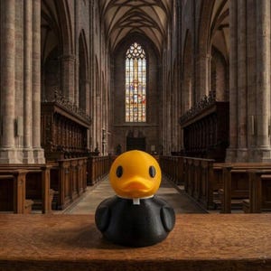 May include: A yellow rubber duck with a black body and a white clerical collar, positioned on a wooden surface. The duck features a bright yellow head, black eyes, and a black base that resembles a priest's cassock with a small white tab at the neck.