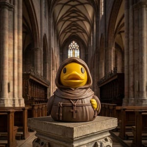 May include: A yellow rubber duck dressed as a monk, wearing a brown habit and hood, with a cross and rosary. The duck is on a stone pedestal inside a cathedral with arched ceilings and stained-glass windows.