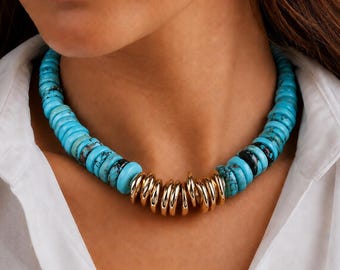 Handmade Natural Turquoise Necklace with Gold Disc, Boho Statement Choker Jewelry