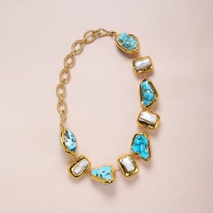 Natural Turquoise & Baroque Pearl Necklace, Irregular Beauty Handmade Boho Jewelry, Unique Necklace Gift for Her