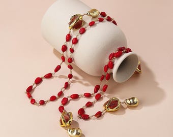 Natural Red Agate Y Necklace, Long Boho Sweater Chain, Handmade Gold Tone Statement Jewelry, Vintage Gemstone Necklace Gift for Her