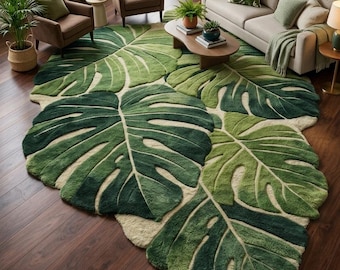 Tappeto in lana trapuntato a mano con motivo a foglie di Monstera, tappeto botanico per zone tropicali.