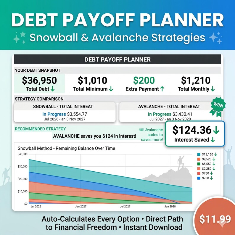 May include: A debt payoff planner graphic with the title "DEBT PAYOFF PLANNER" and the subtitle "Snowball & Avalanche Strategies." It displays debt snapshots, strategy comparisons, and a graph illustrating remaining balance over time. The planner highlights interest saved.