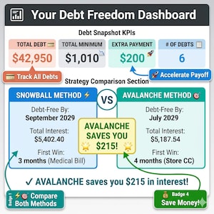 May include: A financial dashboard titled "Your Debt Freedom Dashboard" displays debt snapshot KPIs, including total debt, minimum payment, extra payment, and number of debts. It compares the Snowball and Avalanche methods, highlighting savings and debt-free dates.