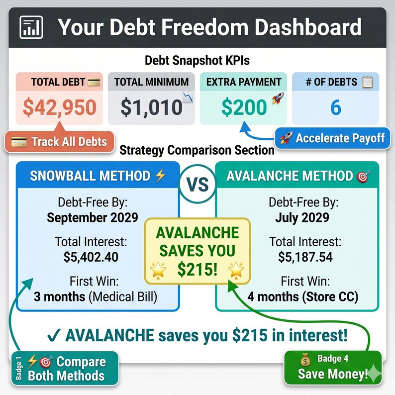 May include: A financial dashboard titled "Your Debt Freedom Dashboard" displays debt snapshot KPIs, including total debt, minimum payment, extra payment, and number of debts. It compares the Snowball and Avalanche methods, highlighting savings and debt-free dates.