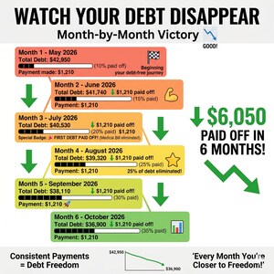 May include: Infographic detailing a debt reduction plan over six months. The graphic shows monthly debt totals, payments made, and percentages of debt paid off. Text includes "Watch Your Debt Disappear" and "Month-by-Month Victory."