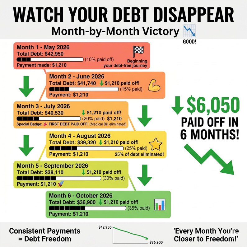May include: Infographic detailing a debt reduction plan over six months. The graphic shows monthly debt totals, payments made, and percentages of debt paid off. Text includes "Watch Your Debt Disappear" and "Month-by-Month Victory."