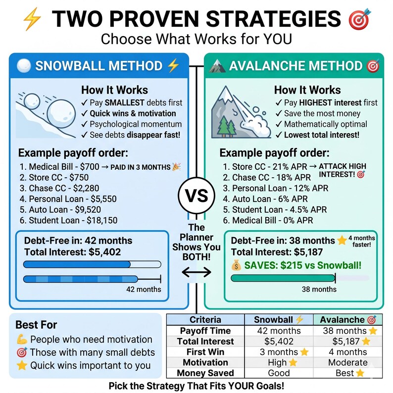 May include: Infographic comparing the Snowball and Avalanche debt payoff methods. The Snowball method focuses on paying off the smallest debts first, while the Avalanche method prioritizes debts with the highest interest rates. The infographic includes examples and a comparison chart.
