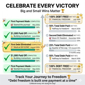 May include: Infographic with the text "Celebrate Every Victory" and progress bars. It highlights financial milestones like "First Payment Made" and "100% Debt Free." The graphic uses green checkmarks and gold accents to denote completed goals.