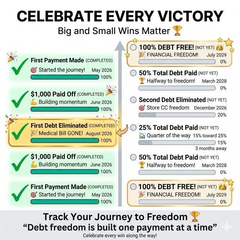May include: Infographic with the text "Celebrate Every Victory" and progress bars. It highlights financial milestones like "First Payment Made" and "100% Debt Free." The graphic uses green checkmarks and gold accents to denote completed goals.