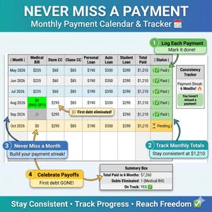 May include: A teal and white monthly payment calendar and tracker with the text "NEVER MISS A PAYMENT." The calendar shows monthly payments for various loans, with a summary box indicating total paid and debts eliminated. The calendar is designed to help track progress and reach financial freedom.