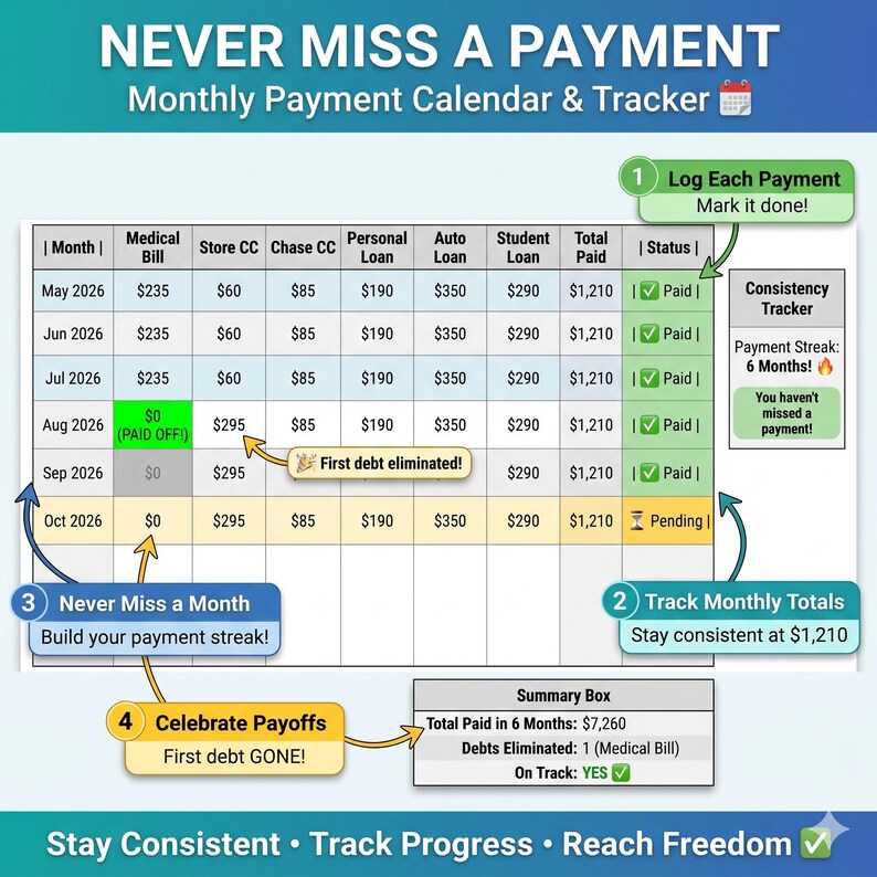 May include: A teal and white monthly payment calendar and tracker with the text "NEVER MISS A PAYMENT." The calendar shows monthly payments for various loans, with a summary box indicating total paid and debts eliminated. The calendar is designed to help track progress and reach financial freedom.