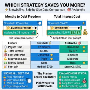 May include: A side-by-side data comparison chart titled "Which Strategy Saves You More?" compares the Snowball and Avalanche methods for debt repayment. The chart includes data on payoff time, interest costs, and other features, with text that reads "4 MONTHS FASTER!" and "SAVES $215!"