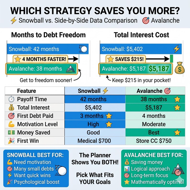 May include: A side-by-side data comparison chart titled "Which Strategy Saves You More?" compares the Snowball and Avalanche methods for debt repayment. The chart includes data on payoff time, interest costs, and other features, with text that reads "4 MONTHS FASTER!" and "SAVES $215!"