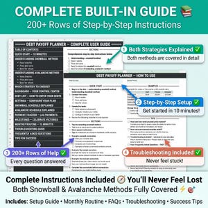 May include: A debt payoff planner with a complete built-in guide. The guide includes step-by-step instructions, quick start guides, and troubleshooting tips. It covers both snowball and avalanche methods, with over 200 rows of help.