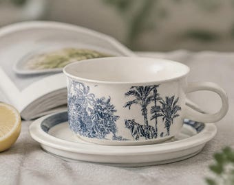 Taza de té de cerámica vintage con diseño de tigre y palmera – Vajilla artística