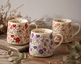 Taza de cerámica floral, taza de café botánica, vajilla estilo cottagecore, regalo vintage para jardín, cerámica hecha a mano