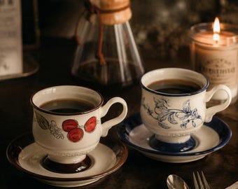 Juego de tazas de té de cerámica con estampado floral vintage, tazas de café estilo cottagecore.